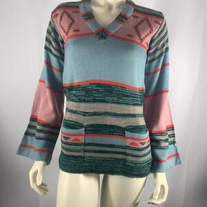 Vintage 60’s 70’s Colorful Aztec Striped Bell Sleeve Fitted Knit Mod Hippie Swea